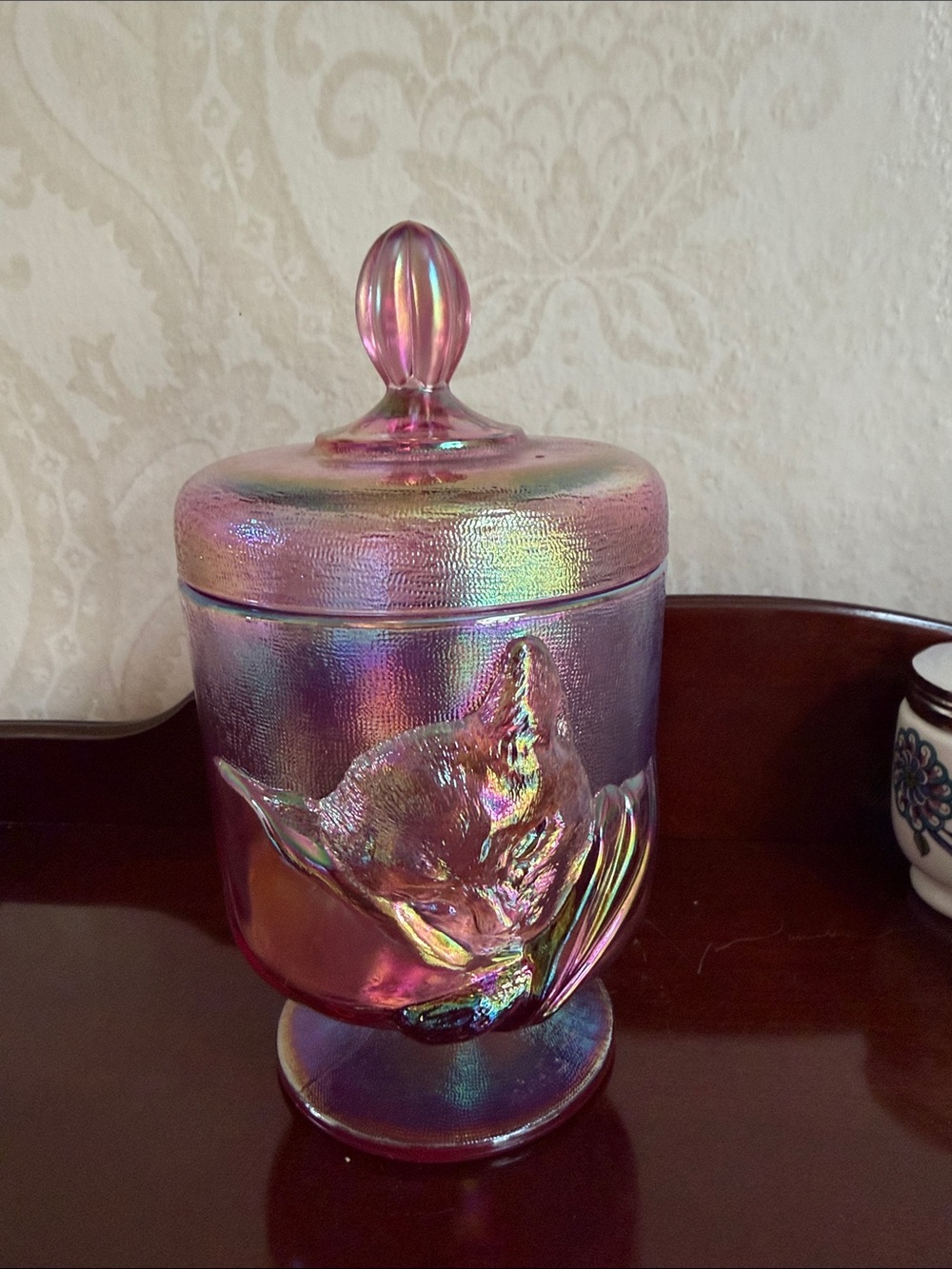 Vintage Fenton Glass "Chessie" cat covered candy jar with lid